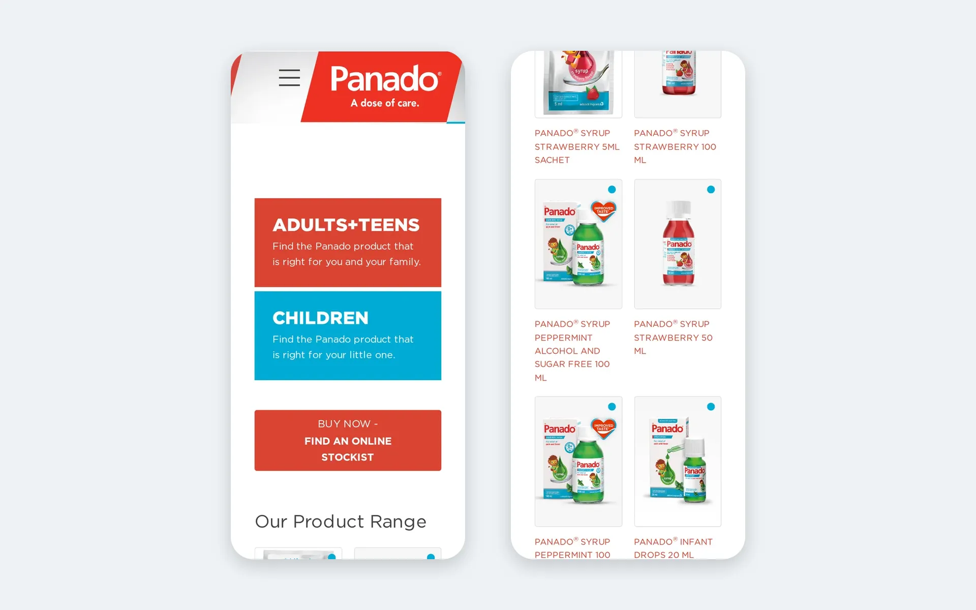 PANADO mobile website on two phone screens